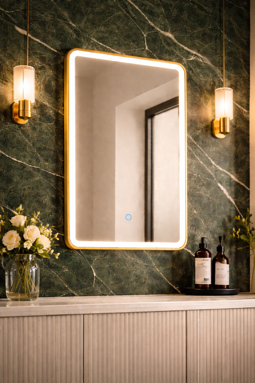 Lumora_Brushed_Gold_LED_Mirror_on_Green_Marble_Wall_-_Tiles_Paradise_Designer_Collection