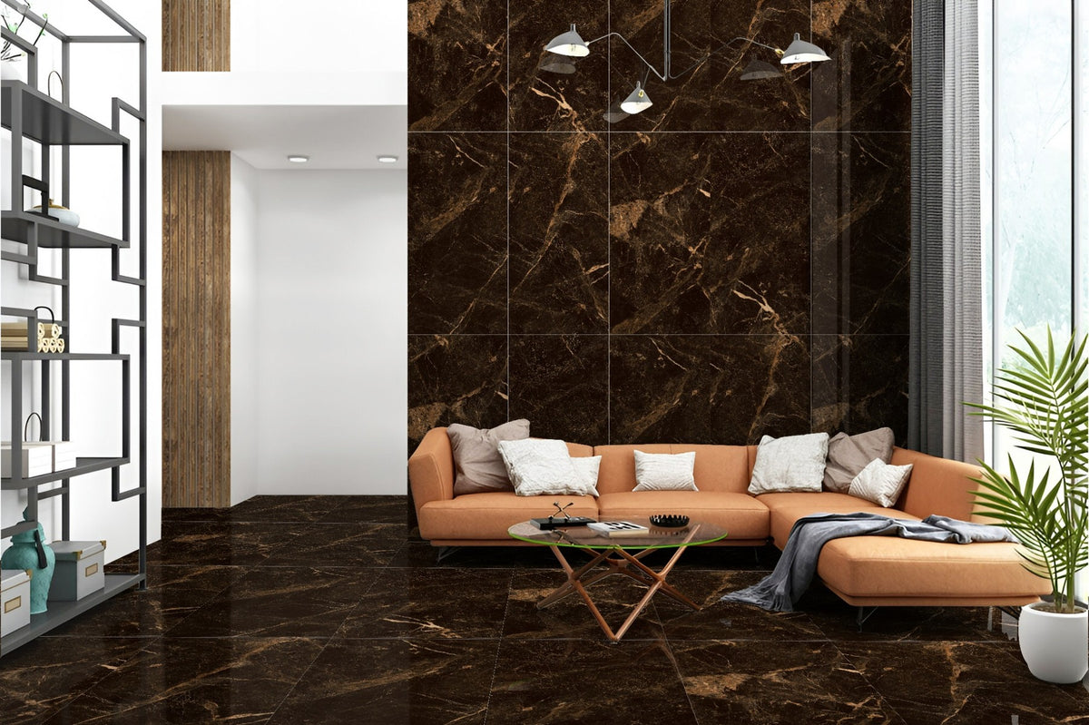 Palazzo Black & Gold Marble Effect Polished Porcelain Tile — 60x120cm Wall & Floor Tile