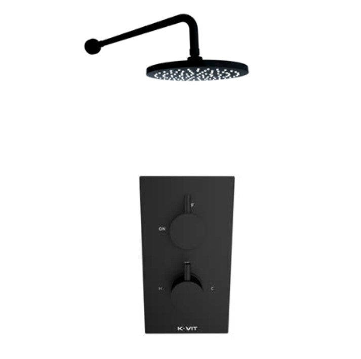 Oriana matt black round fixed shower head and wall arm