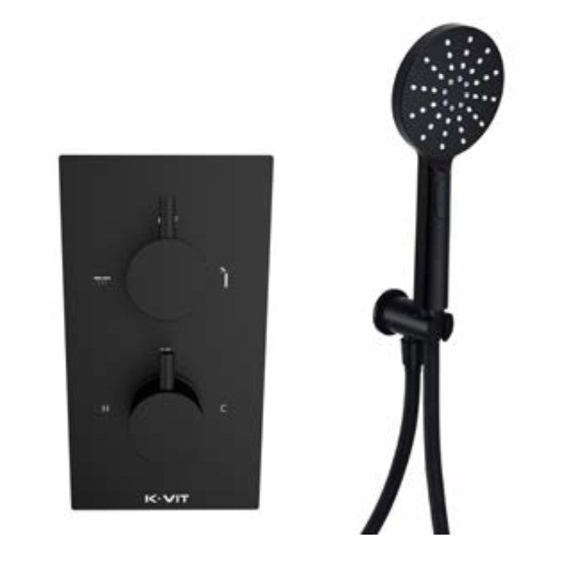 Oriana matt black round outlet elbow with wall bracket and shower handset