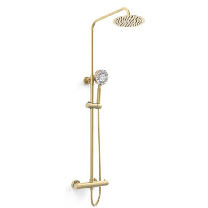 Oriana brushed brass thermostatic exposed bar shower with round drencher and sliding handset