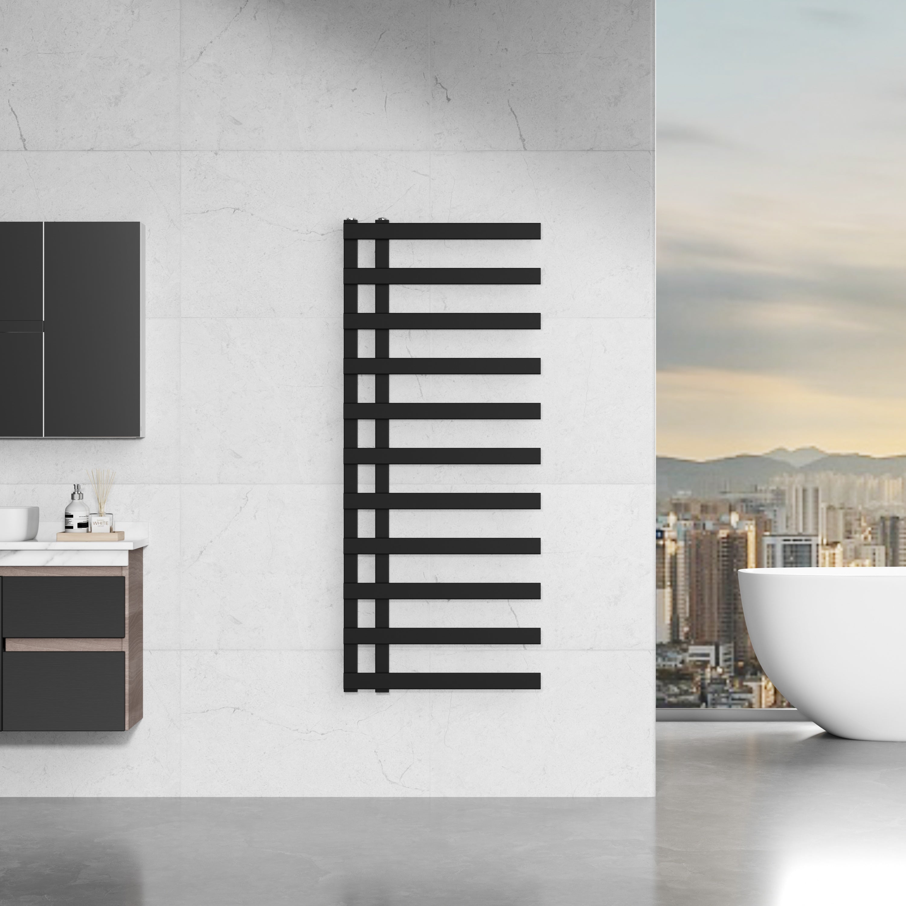 Lazio 1200x500mm Matt Black Heated Towel Rail – 11 Bar Ladder Radiator, Central Connection