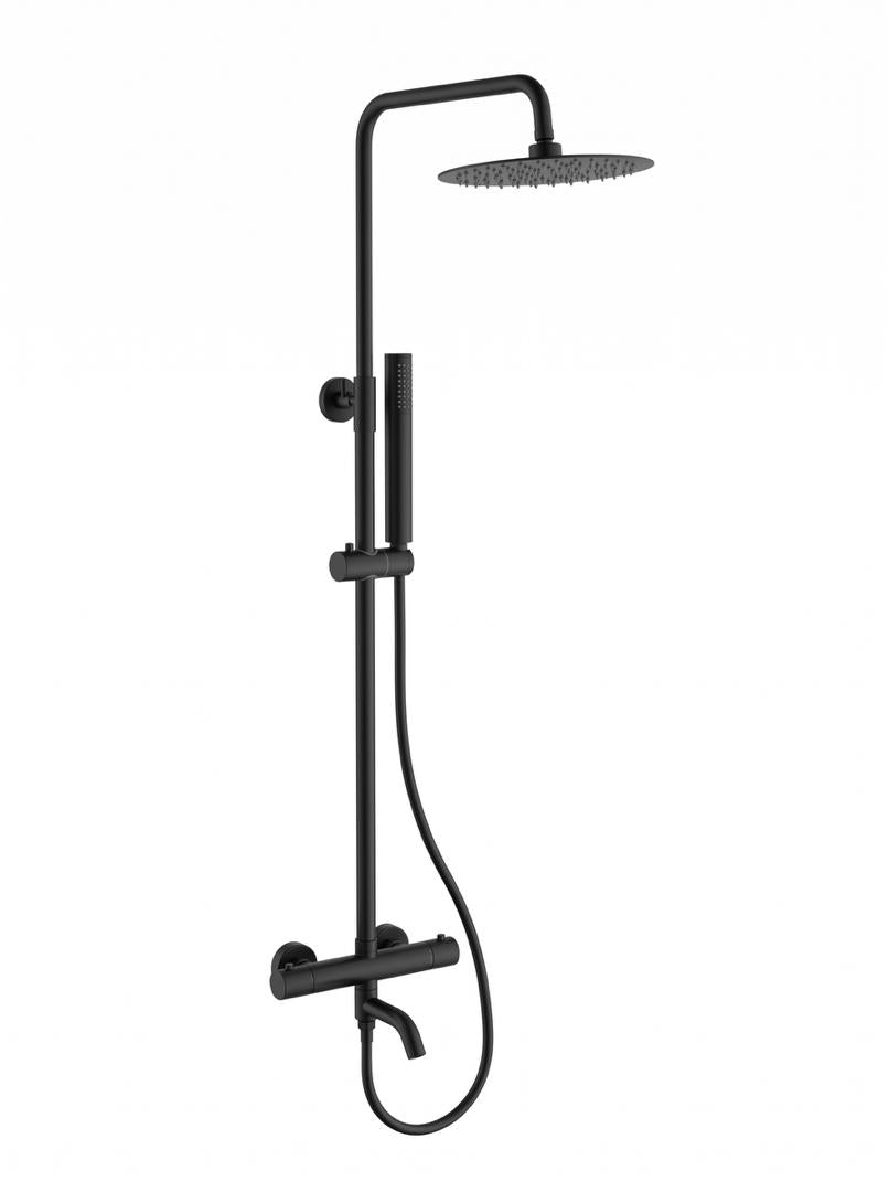Orbis Matt Black Exposed Thermostatic Bath Shower Mixer Set – Riser Rail, 300mm Round Rainfall Head, Pencil Handset & Bath Filler