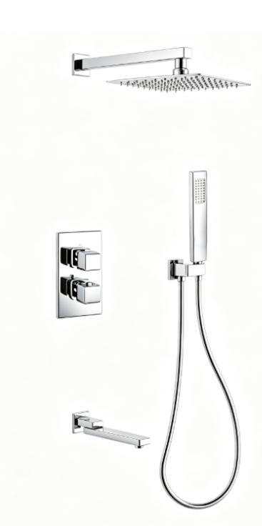 Quadra Chrome Concealed Thermostatic Shower Set with Bath Spout – 3 Outlet Twin Valve, 300mm Square Rainfall Head & Handset