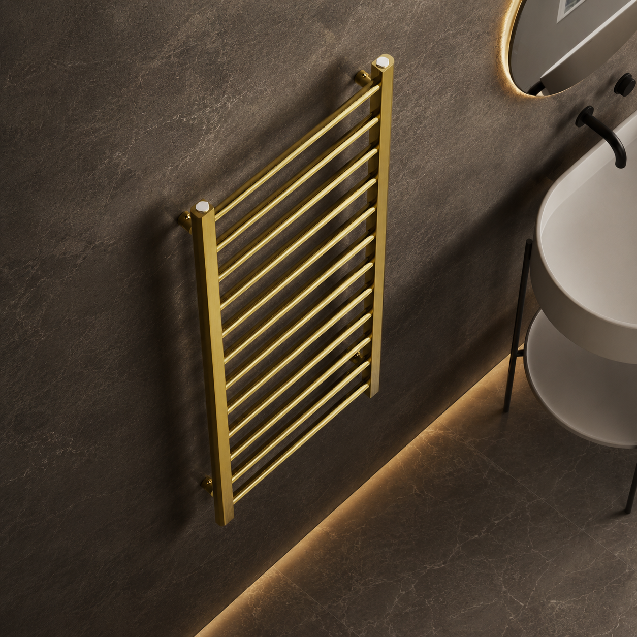 Rivena 1200x500mm Brushed Gold Heated Towel Rail – Slimline 12 Bar Ladder Radiator