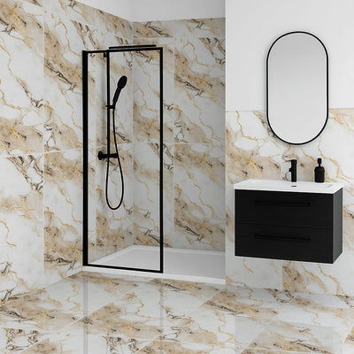Modern bathroom interior featuring Afyon Gold Polished 60x120cm Porcelain Wall and Floor Tile with a glossy marble look.
