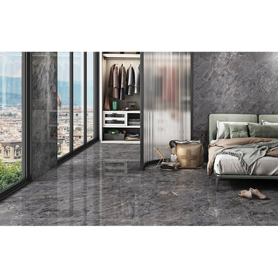 Close-up view of Alhambra Black Matt Anti-Slip Porcelain Tiles 60x120cm by Tiles Paradise UK featuring natural stone texture.