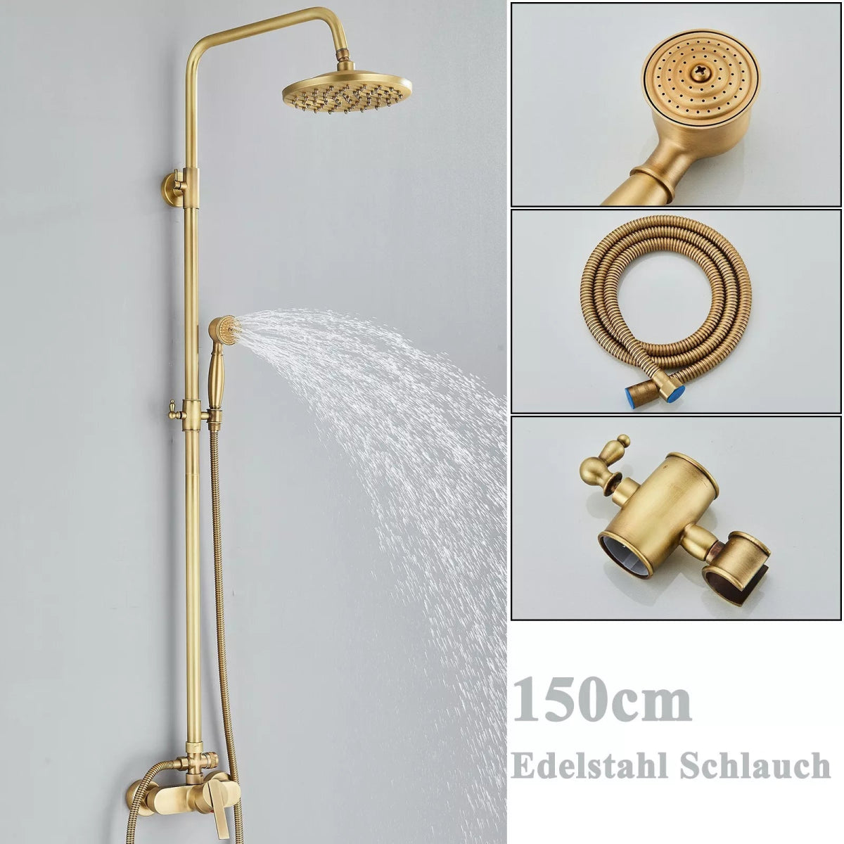 Aquari Antique Brass Exposed Shower Set with 8" Rain Head & Handheld - TILES Paradise
