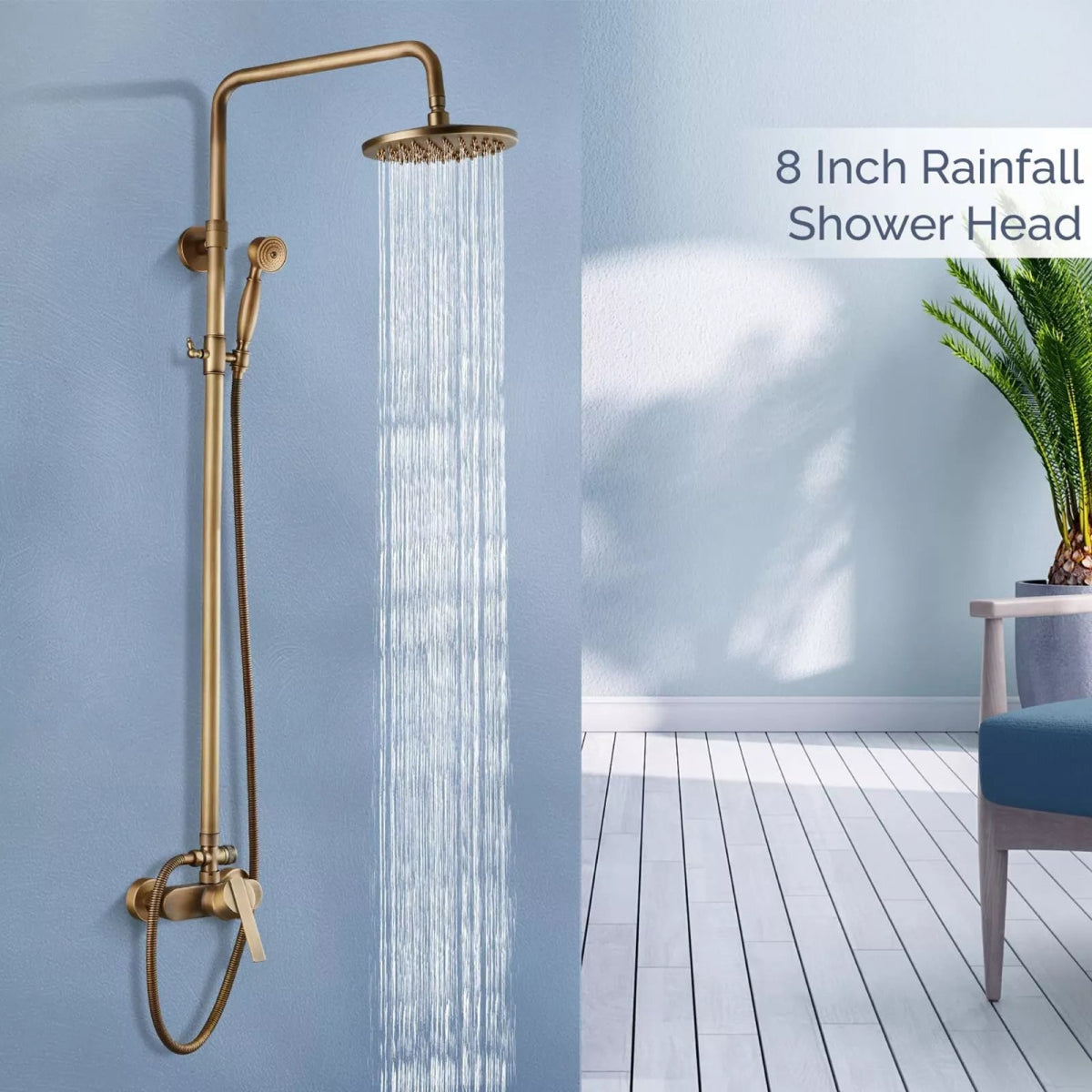 Aquari Antique Brass Exposed Shower Set with 8" Rain Head & Handheld - TILES Paradise