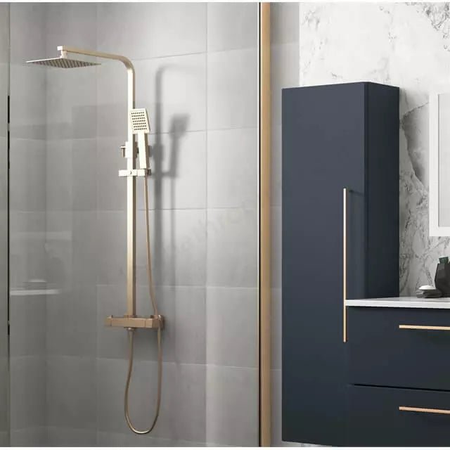 Aquari Brushed Brass Square Thermostatic Shower Set – 200mm Fixed Head & Handheld, Twin Outlet Mixer - TILES Paradise