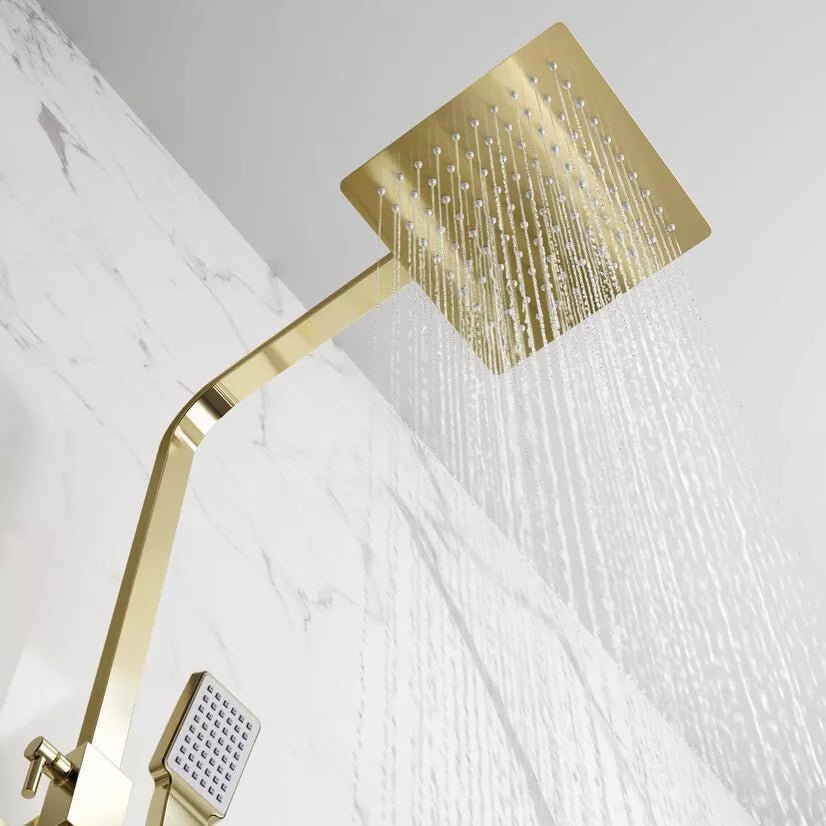 Aquari Brushed Brass Square Thermostatic Shower Set – 200mm Fixed Head & Handheld, Twin Outlet Mixer - TILES Paradise