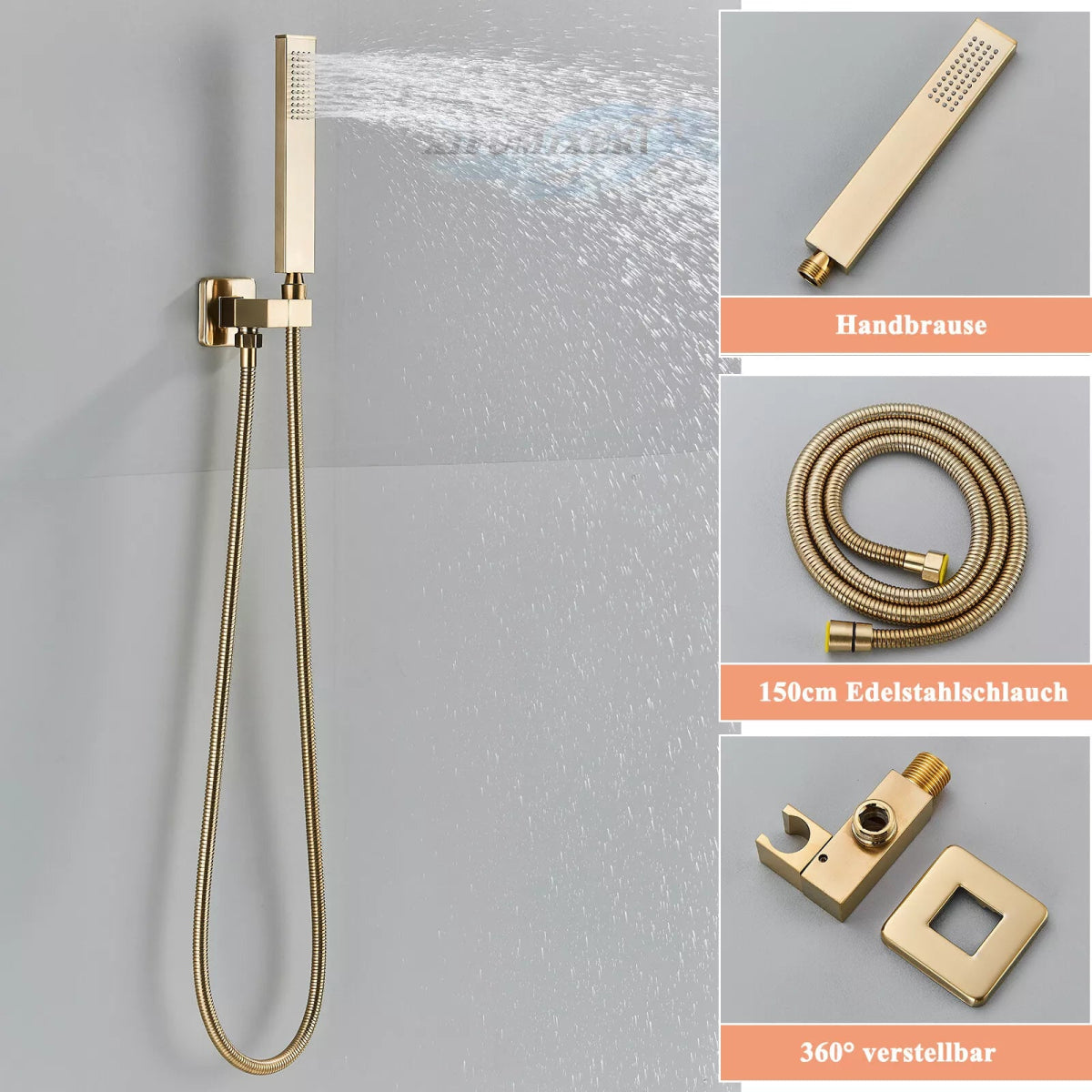 Aquari Brushed Gold Concealed Thermostatic Shower Set – 2 - Way Mixer Valve with 300mm Square Head & Handset - TILES Paradise