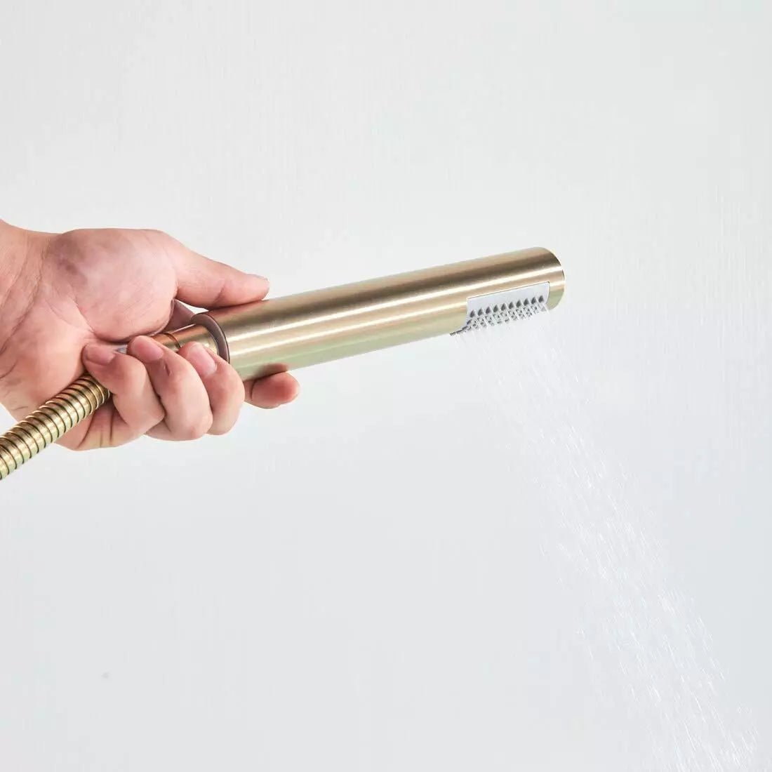 Aquari Brushed Gold Round Freestanding Bath Shower Mixer Tap with Handheld – Floor Mounted - TILES Paradise