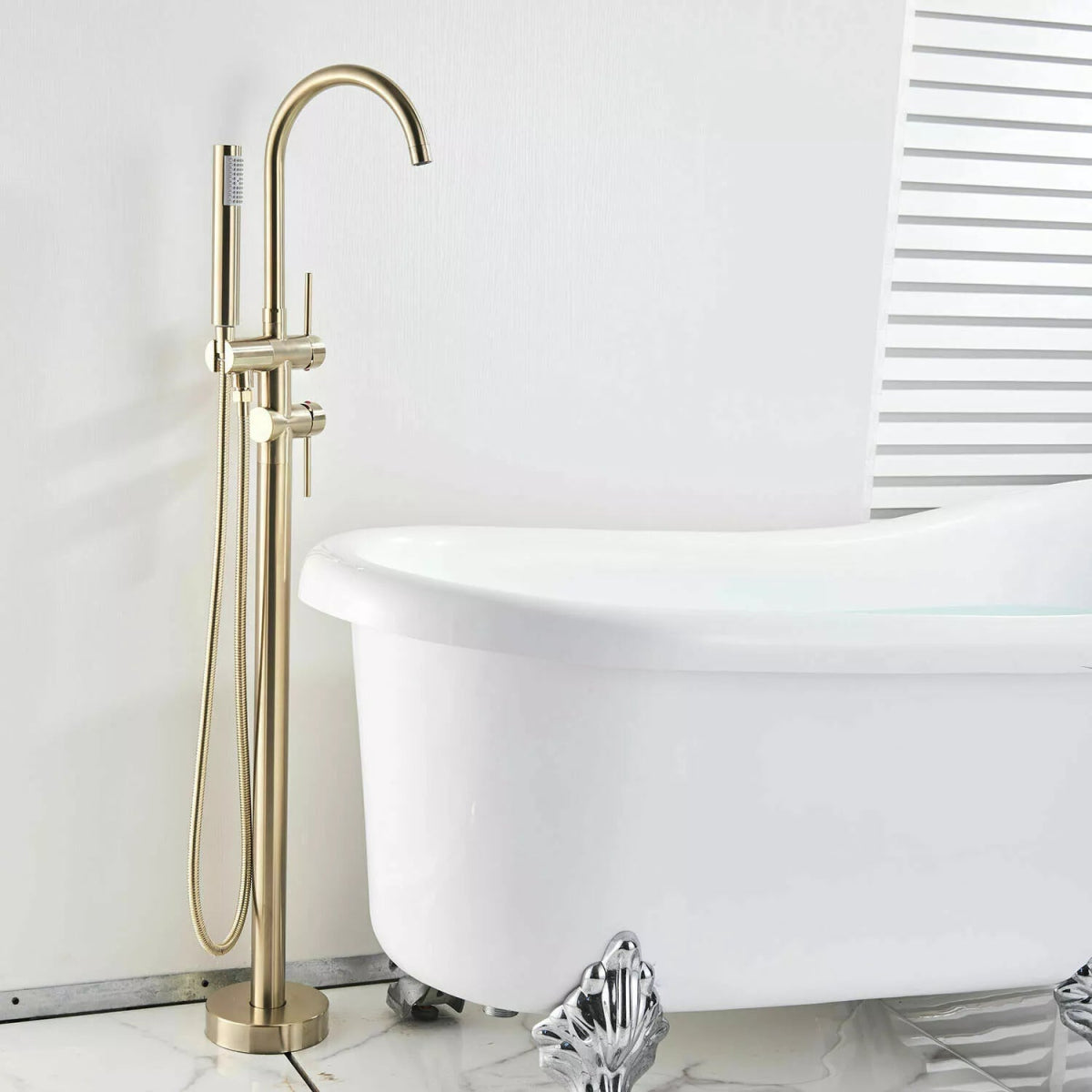 Aquari Brushed Gold Round Freestanding Bath Shower Mixer Tap with Handheld – Floor Mounted - TILES Paradise