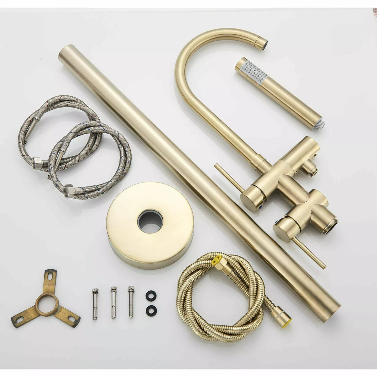 Aquari Brushed Gold Round Freestanding Bath Shower Mixer Tap with Handheld – Floor Mounted - TILES Paradise