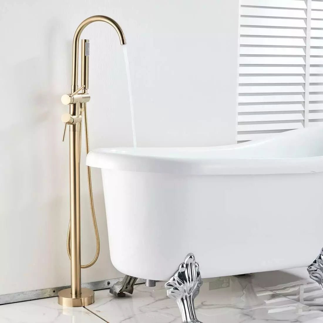 Aquari Brushed Gold Round Freestanding Bath Shower Mixer Tap with Handheld – Floor Mounted - TILES Paradise