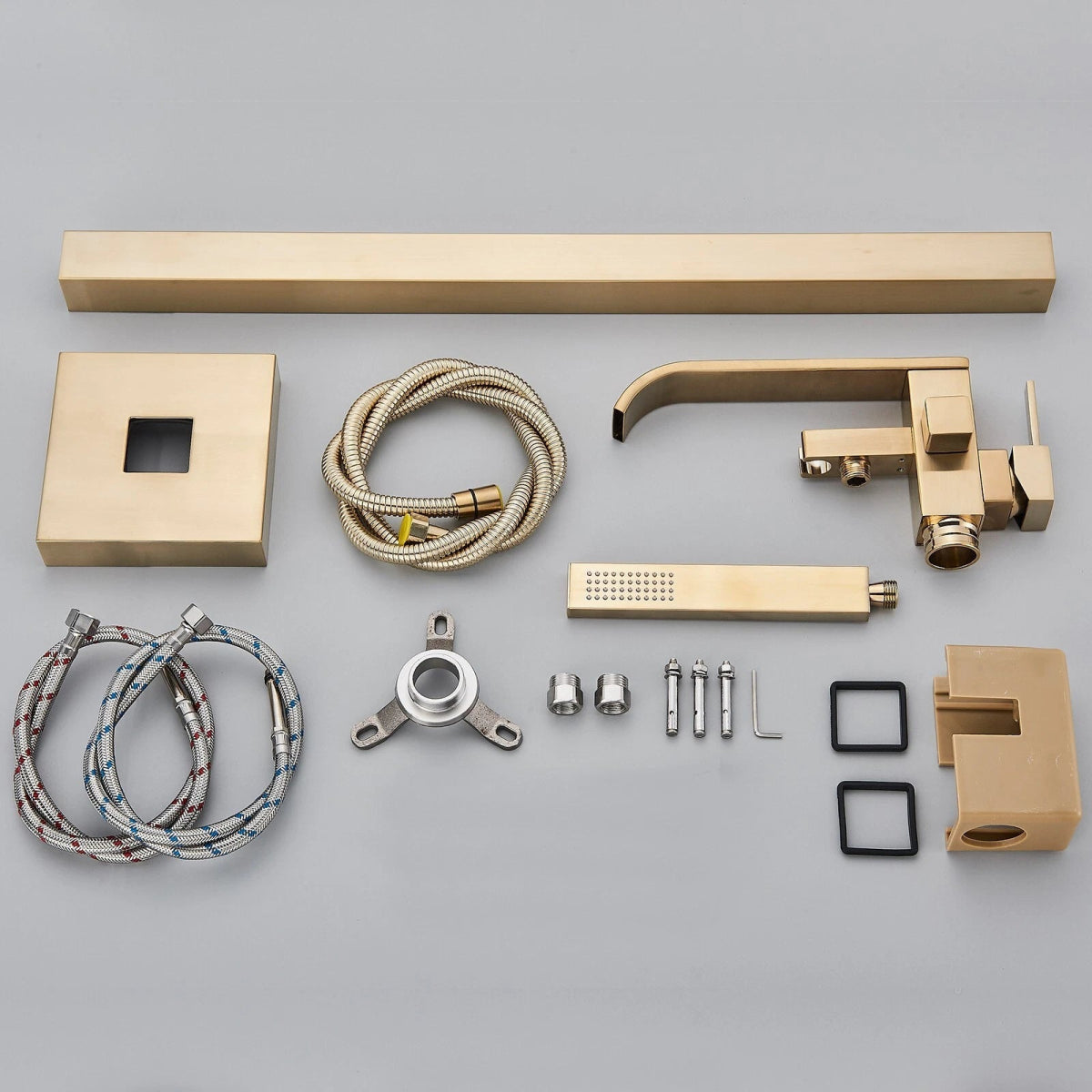 Aquari Brushed Gold Square Freestanding Bath Shower Mixer Tap with Handheld – Floor Mounted - TILES Paradise