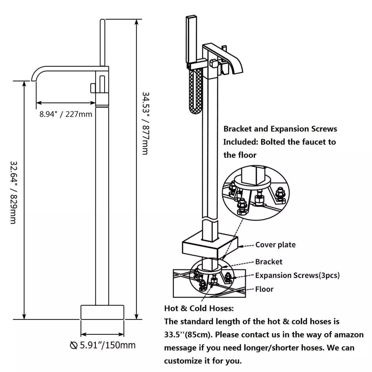 Aquari Brushed Gold Square Freestanding Bath Shower Mixer Tap with Handheld – Floor Mounted - TILES Paradise