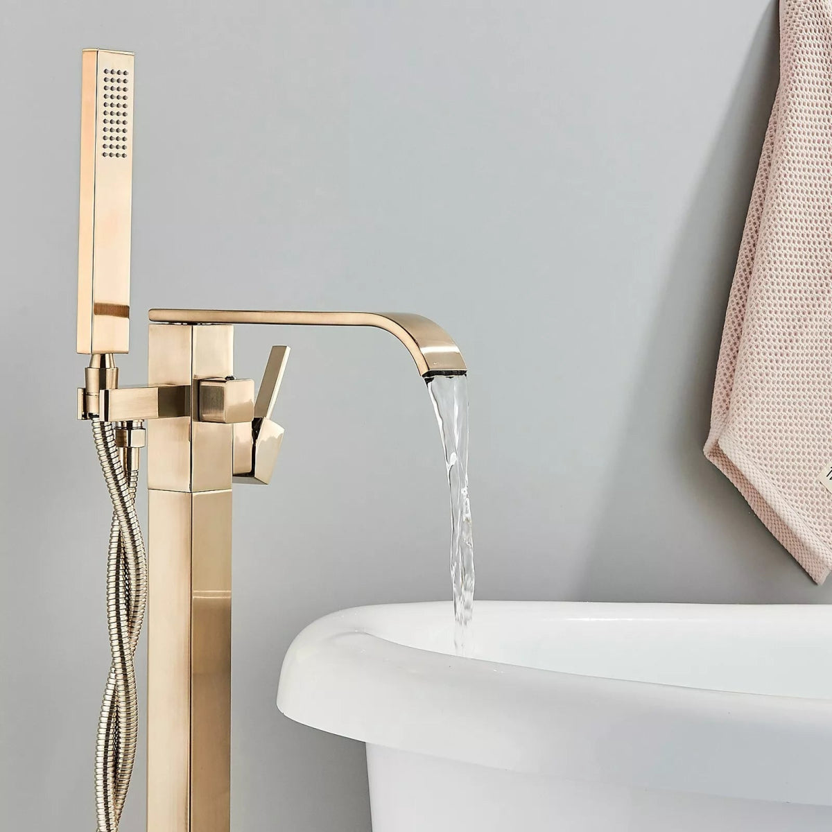 Aquari Brushed Gold Square Freestanding Bath Shower Mixer Tap with Handheld – Floor Mounted - TILES Paradise