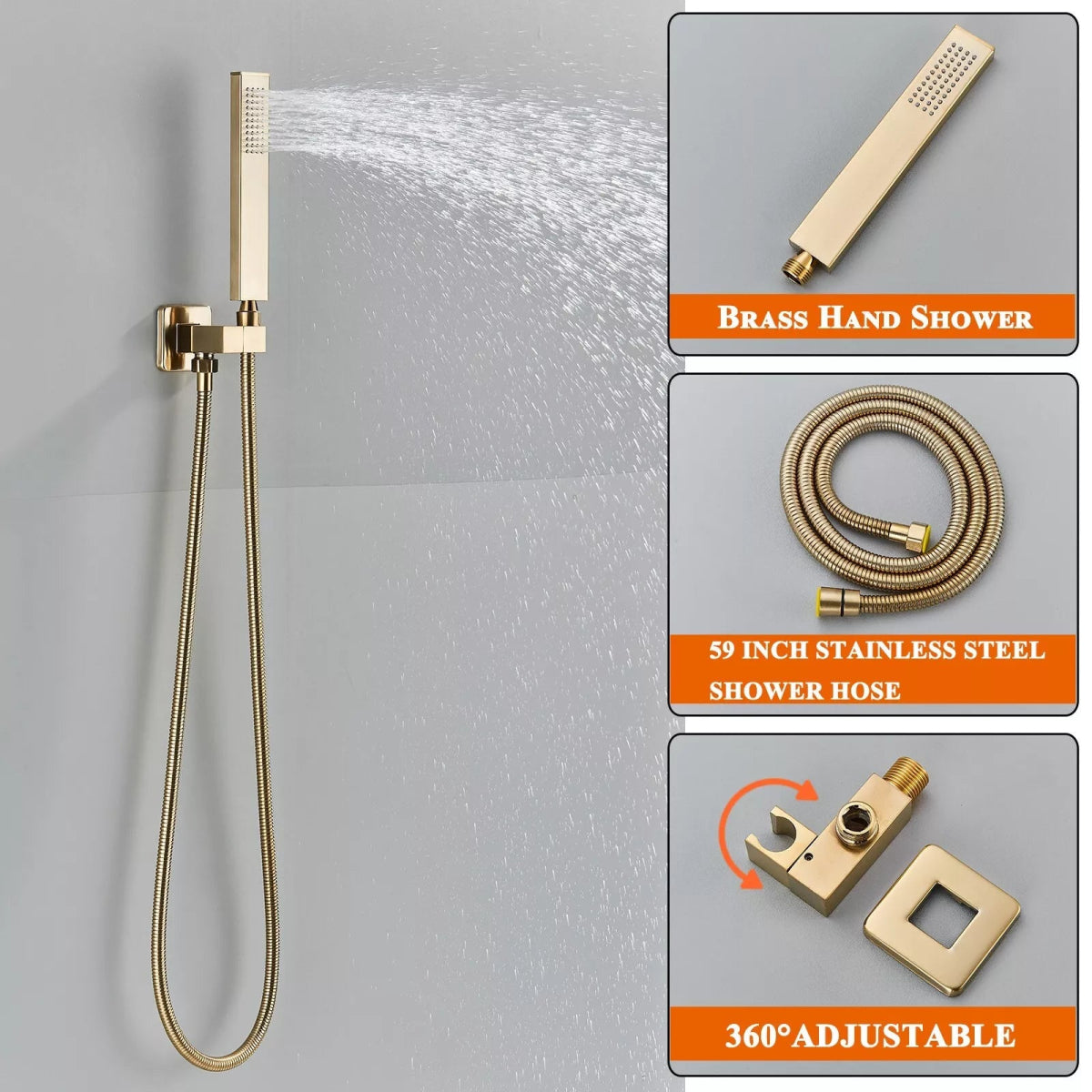 Aquari Brushed Gold Thermostatic Concealed Shower Mixer Set – 3 - Way Wall - Mounted Valve with Square Heads - TILES Paradise