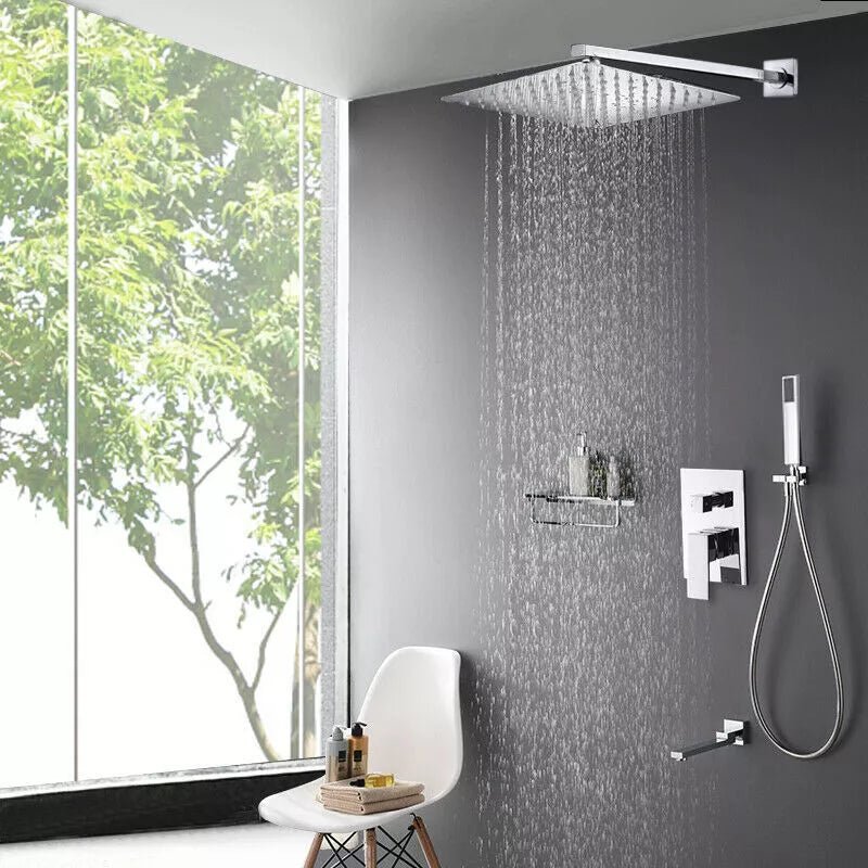 Aquari Chrome Concealed 3 - Way Shower Set with 16" Square Rainfall Head & Twin Outlet - TILES Paradise