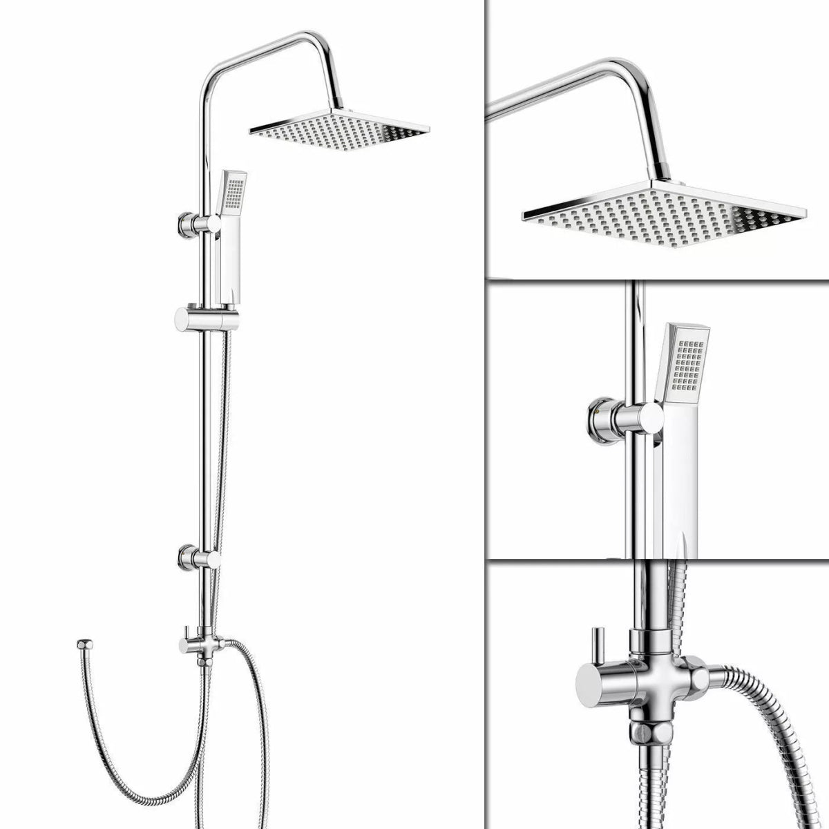 Aquari Chrome Square Shower Mixer Waterfall Tap Kit with Riser Rail – Twin Head Set - TILES Paradise