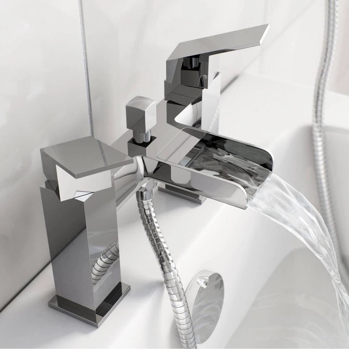 Aquari Chrome Square Shower Mixer Waterfall Tap Kit with Riser Rail – Twin Head Set - TILES Paradise