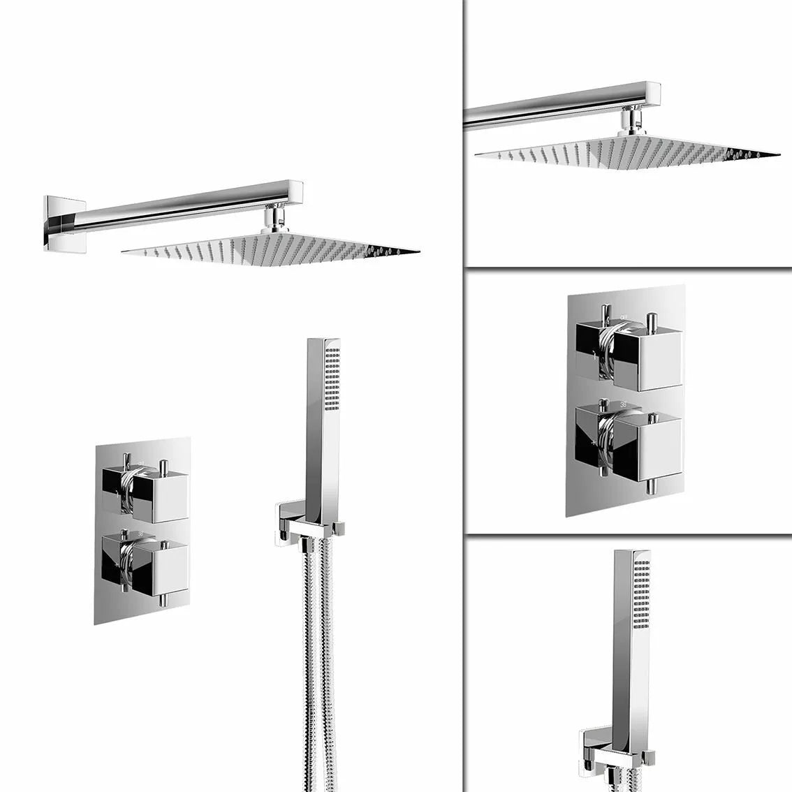 Aquari Concealed Chrome Thermostatic Shower Set – Square Rainfall Head, Handset & 2 - Way Mixer Valve - TILES Paradise