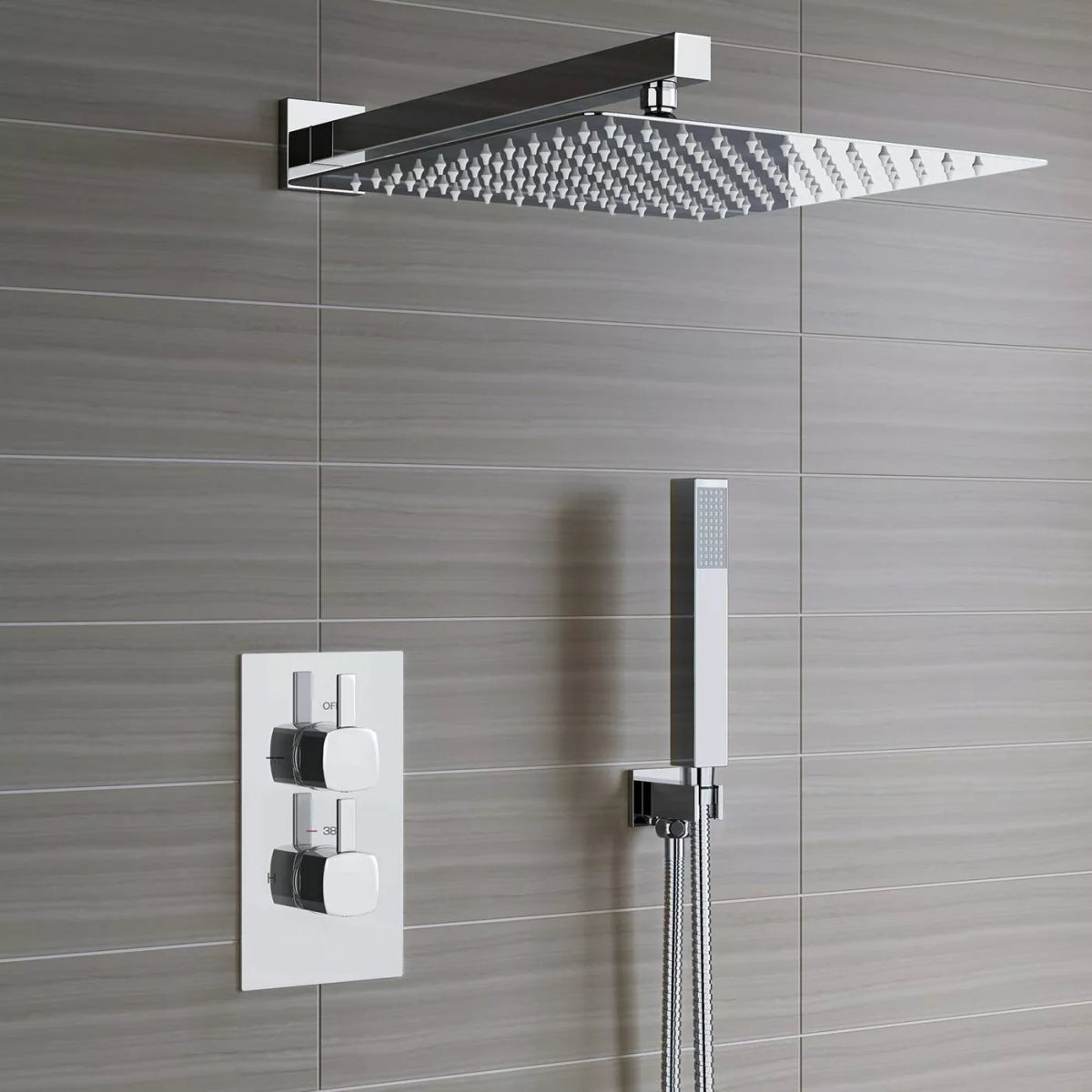 Aquari Concealed Chrome Thermostatic Shower Set – Square Rainfall Head, Handset & 2 - Way Mixer Valve - TILES Paradise
