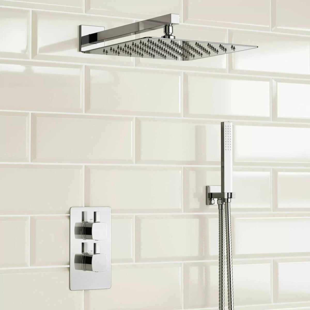 Aquari Concealed Chrome Thermostatic Shower Set – Square Rainfall Head, Handset & 2 - Way Mixer Valve - TILES Paradise