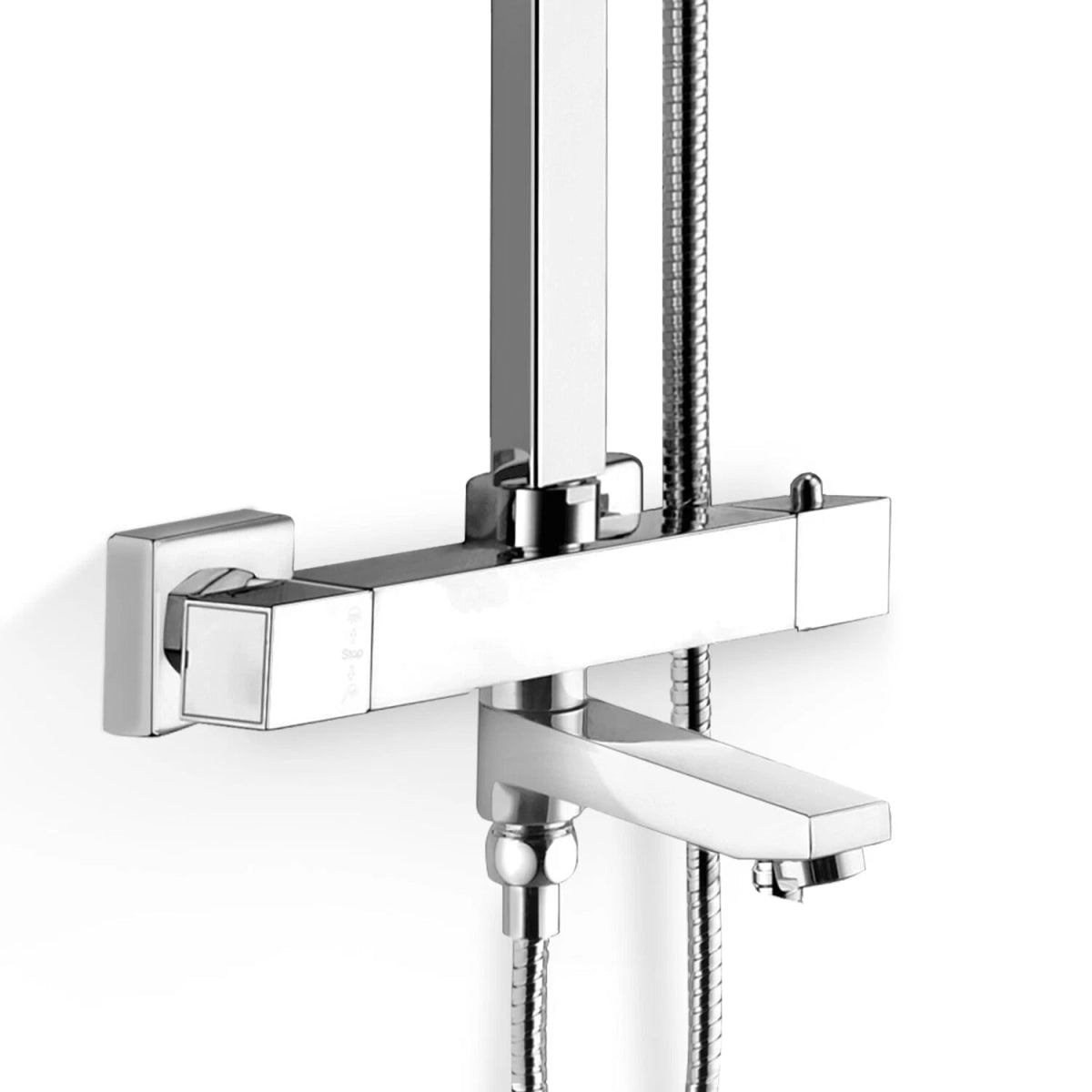 Aquari Edor 3 - Way Chrome Thermostatic Shower Set – Twin Square Head, Bath Filler Compatible, Adjustable Riser - TILES Paradise