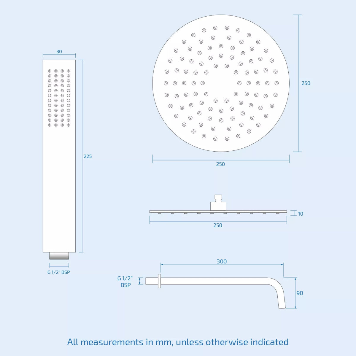 Aquari Matte Black Concealed Thermostatic Shower Set – Round 250mm Head, Handset & 2 - Way Dual Dial Mixer Valve - TILES Paradise