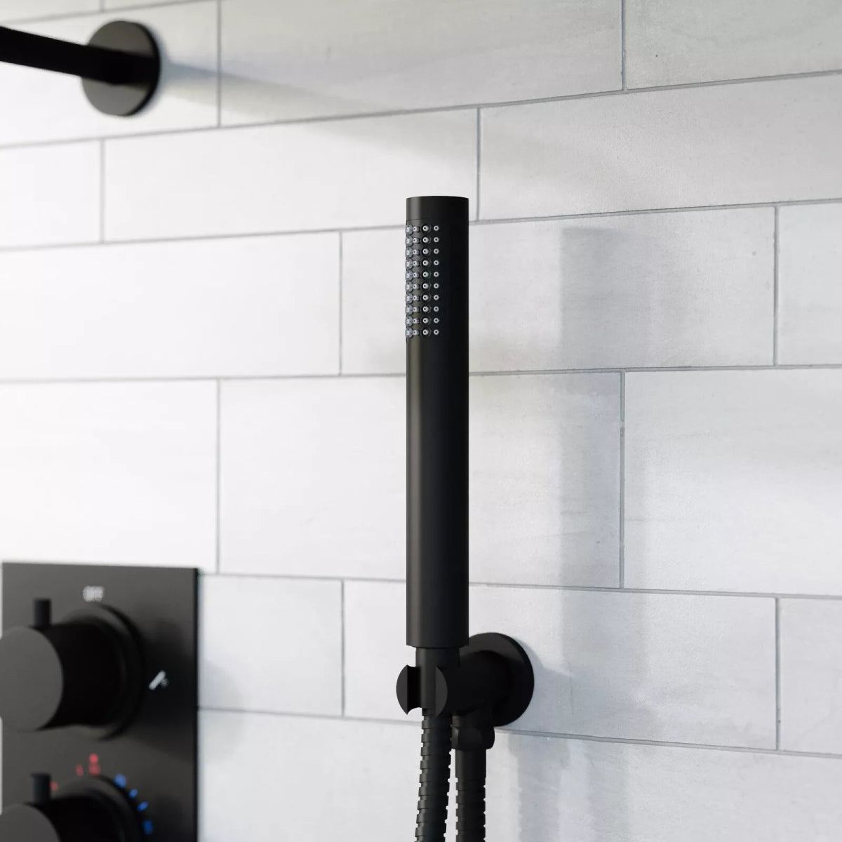 Aquari Matte Black Concealed Thermostatic Shower Set – Round 250mm Head, Handset & 2 - Way Dual Dial Mixer Valve - TILES Paradise