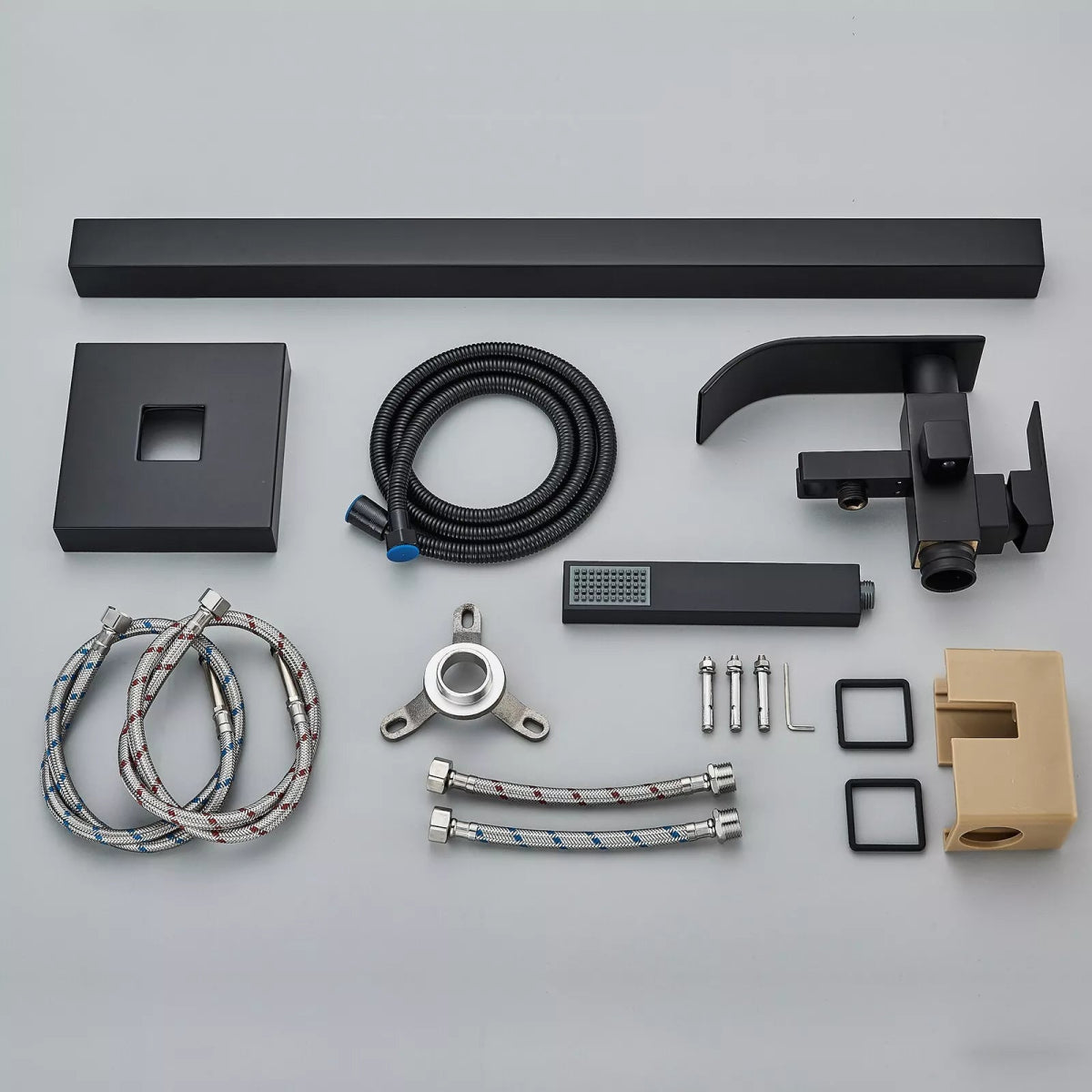 Aquari Matte Black Square Freestanding Bath Mixer Tap with Waterfall Spout & Shower Handset - TILES Paradise