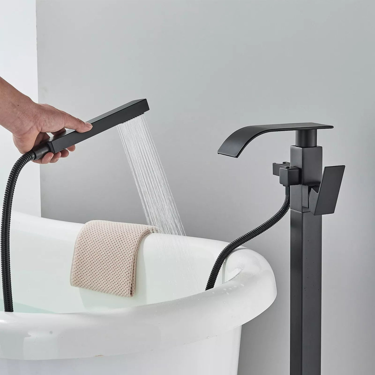 Aquari Matte Black Square Freestanding Bath Mixer Tap with Waterfall Spout & Shower Handset - TILES Paradise