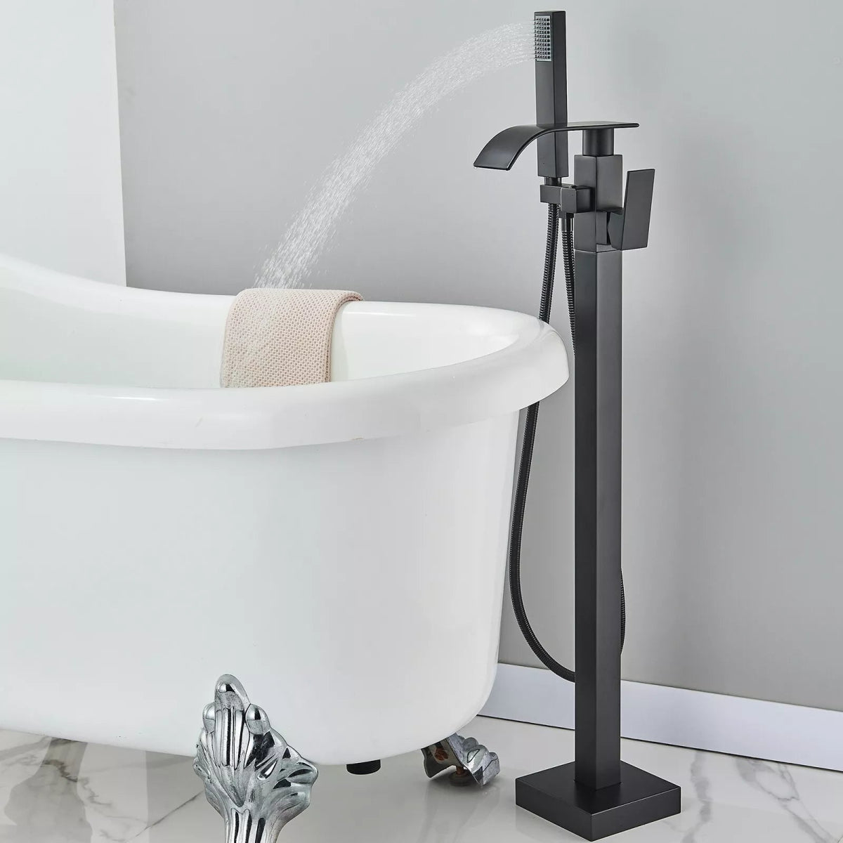 Aquari Matte Black Square Freestanding Bath Mixer Tap with Waterfall Spout & Shower Handset - TILES Paradise