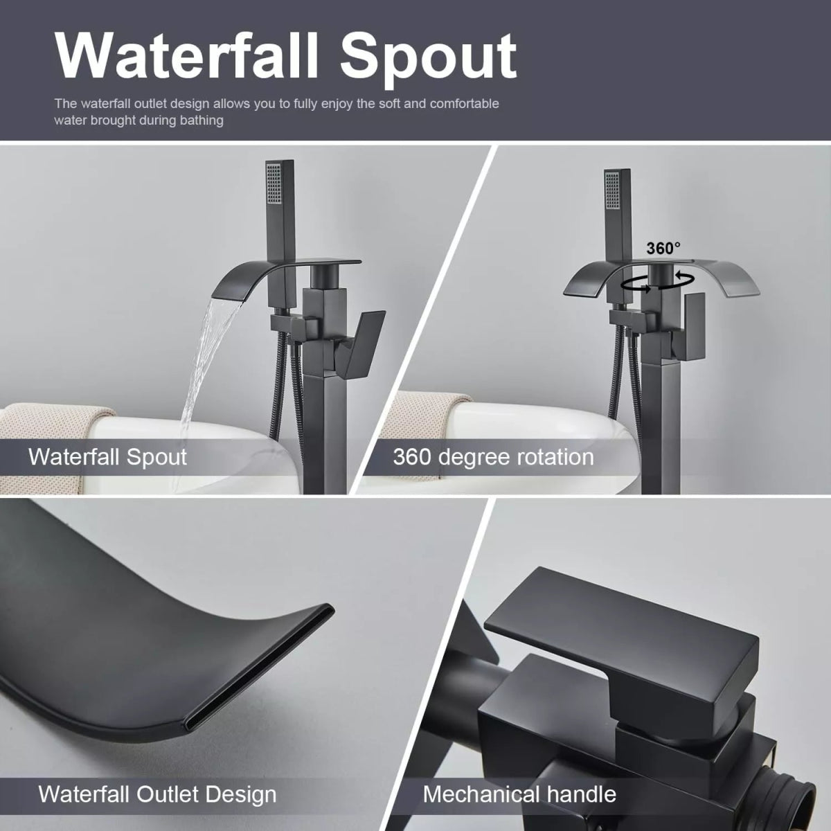 Aquari Matte Black Square Freestanding Bath Mixer Tap with Waterfall Spout & Shower Handset - TILES Paradise