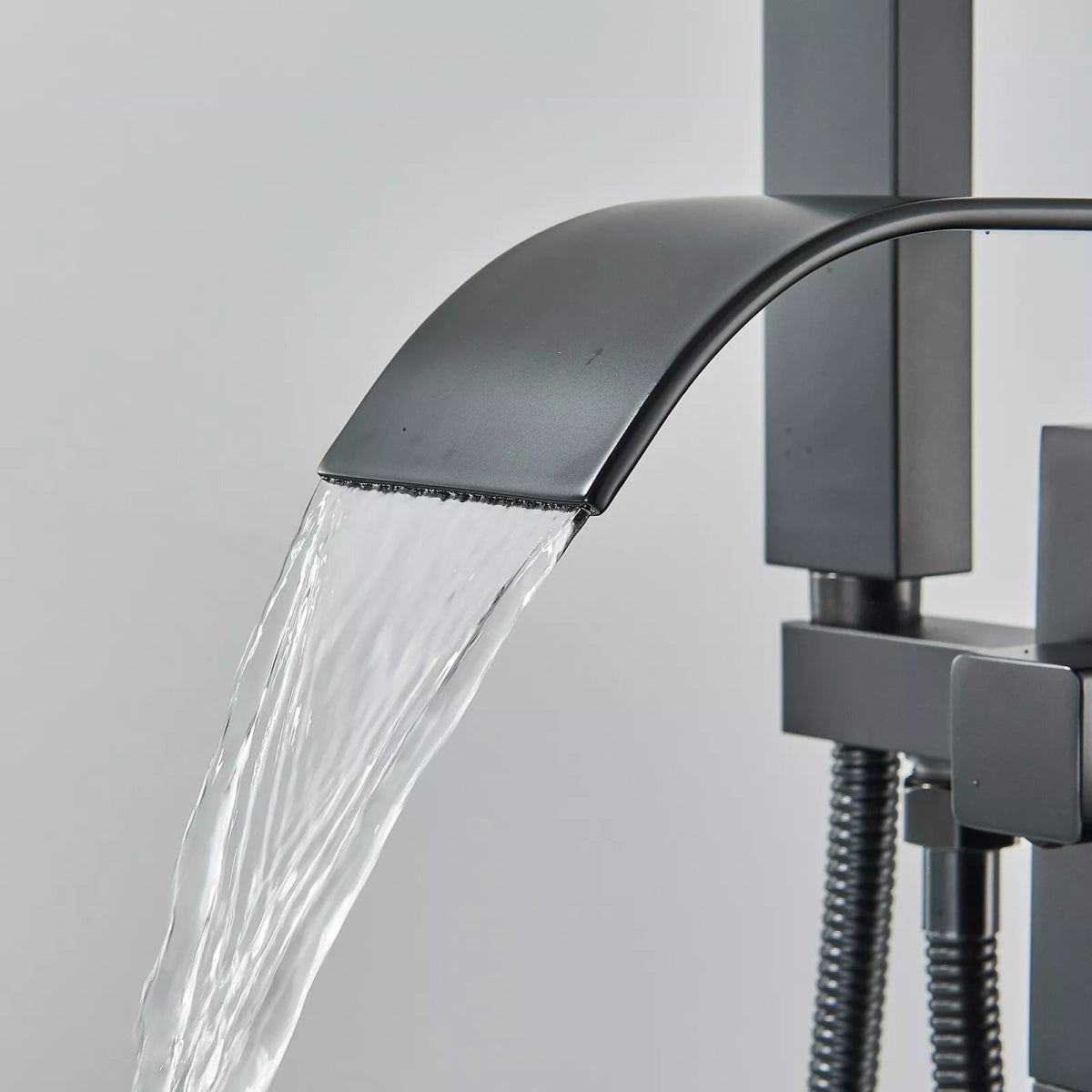 Aquari Matte Black Square Freestanding Bath Mixer Tap with Waterfall Spout & Shower Handset - TILES Paradise