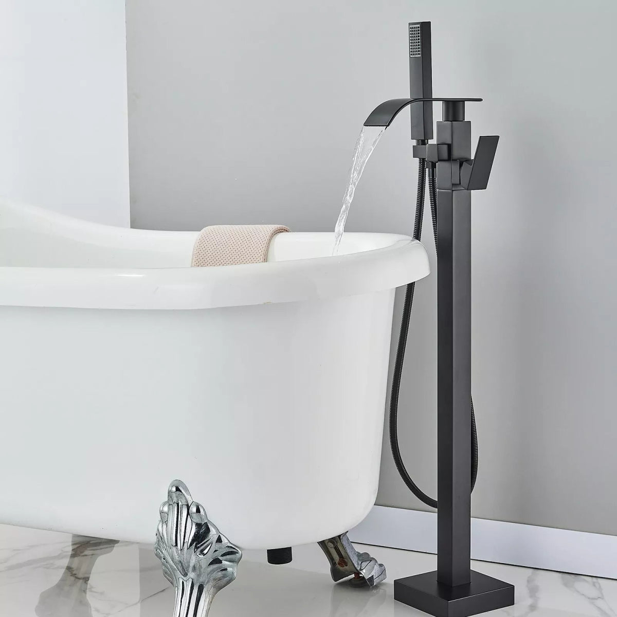 Aquari Matte Black Square Freestanding Bath Mixer Tap with Waterfall Spout & Shower Handset - TILES Paradise