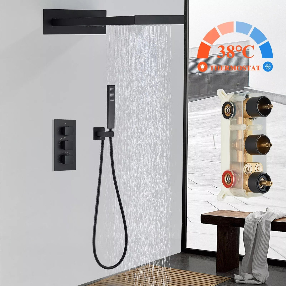 Aquari Matte Black Thermostatic Concealed Shower Set with 22x54cm Rainfall Head & Handheld Spray - TILES Paradise
