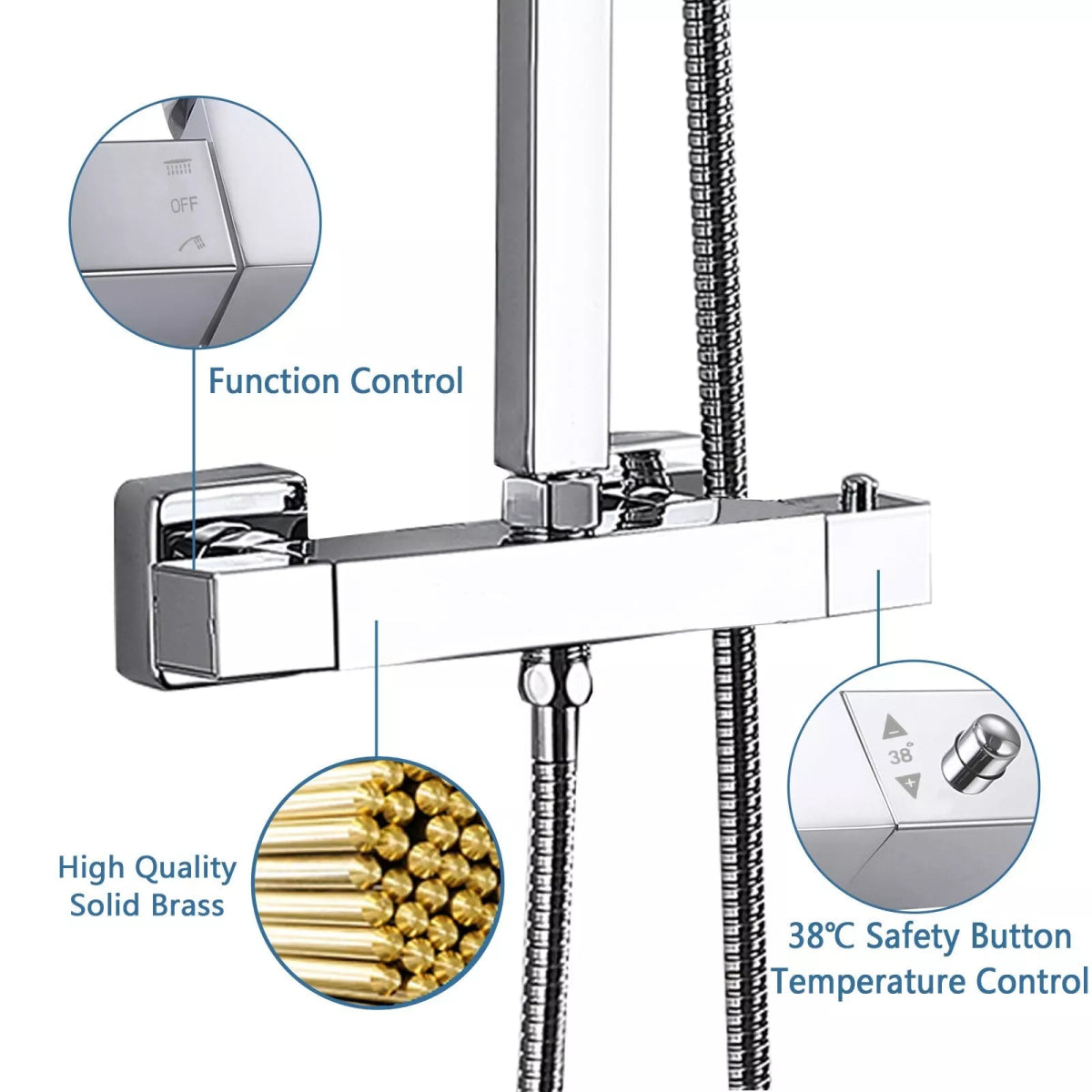 Aquari Premium Chrome Thermostatic Shower Set – Square Twin Head with Adjustable Rail - TILES Paradise