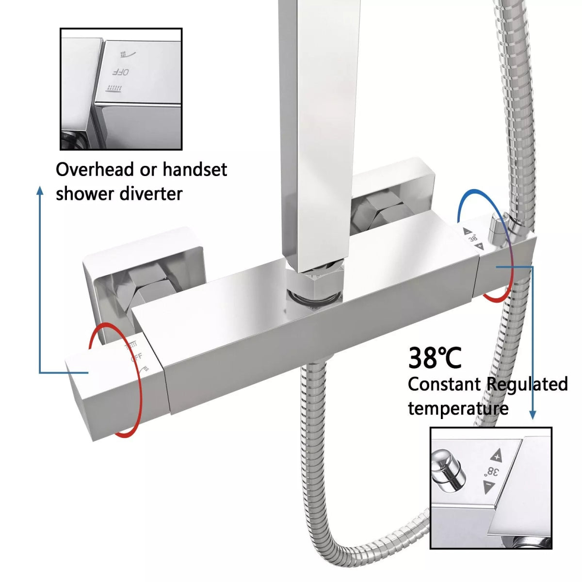 Aquari Premium Chrome Thermostatic Shower Set – Square Twin Head with Adjustable Rail - TILES Paradise