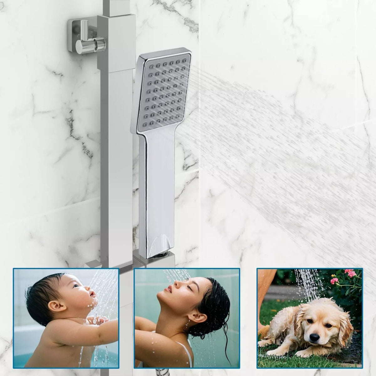 Aquari Premium Chrome Thermostatic Shower Set – Square Twin Head with Adjustable Rail - TILES Paradise