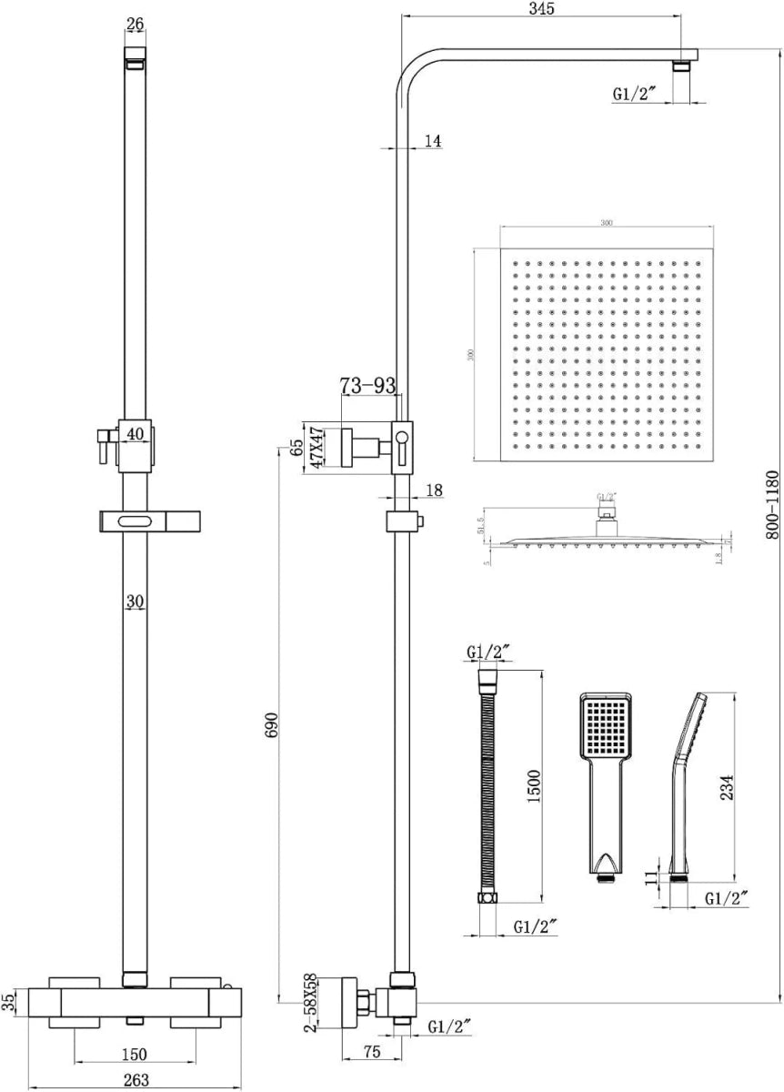 Artiq Streamline 300mm Chrome Thermostatic Shower Set – Twin Head Rainfall & Handheld, Anti - Scald Bar Valve, Adjustable Rail - TILES Paradise