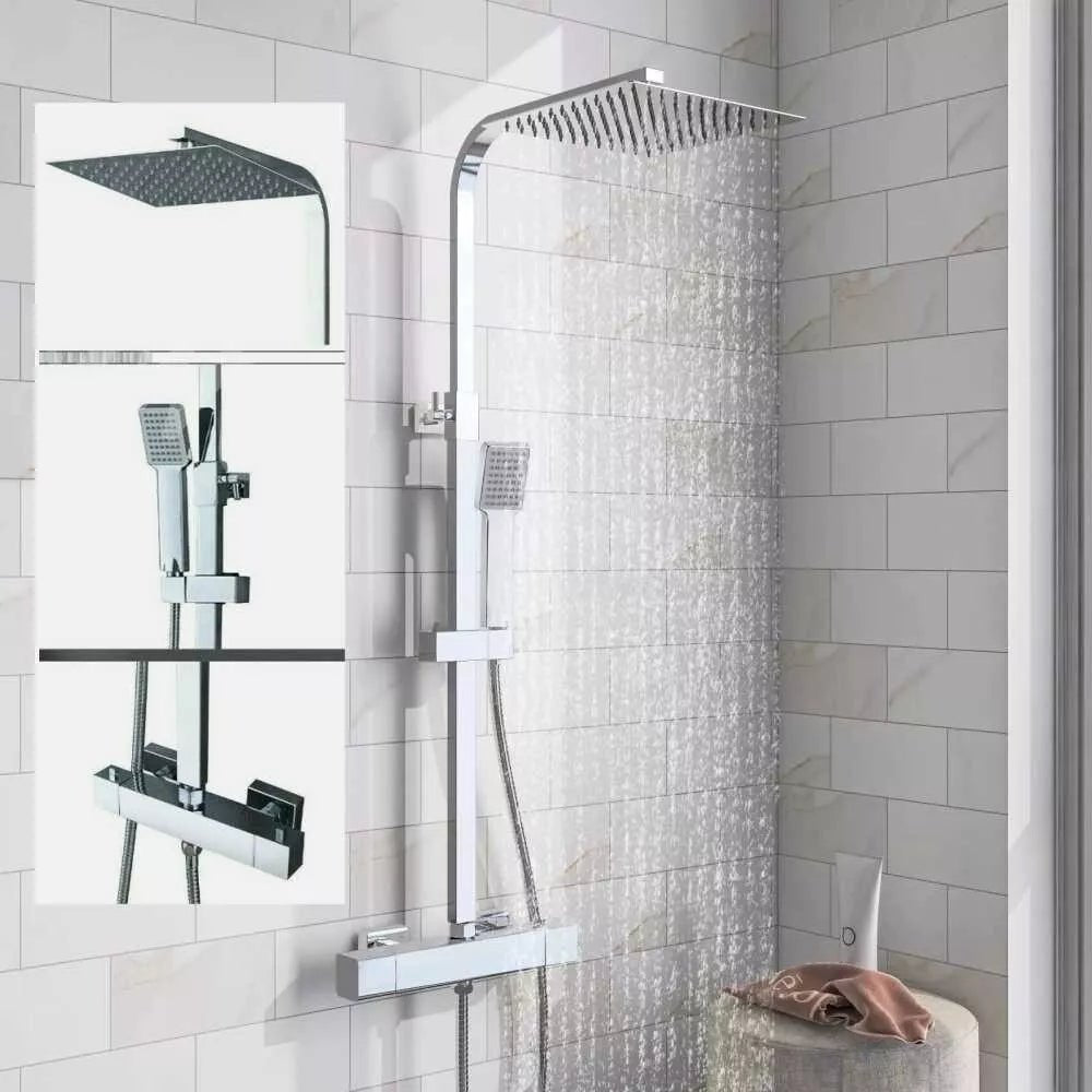 Artiq Streamline 300mm Chrome Thermostatic Shower Set – Twin Head Rainfall & Handheld, Anti - Scald Bar Valve, Adjustable Rail - TILES Paradise
