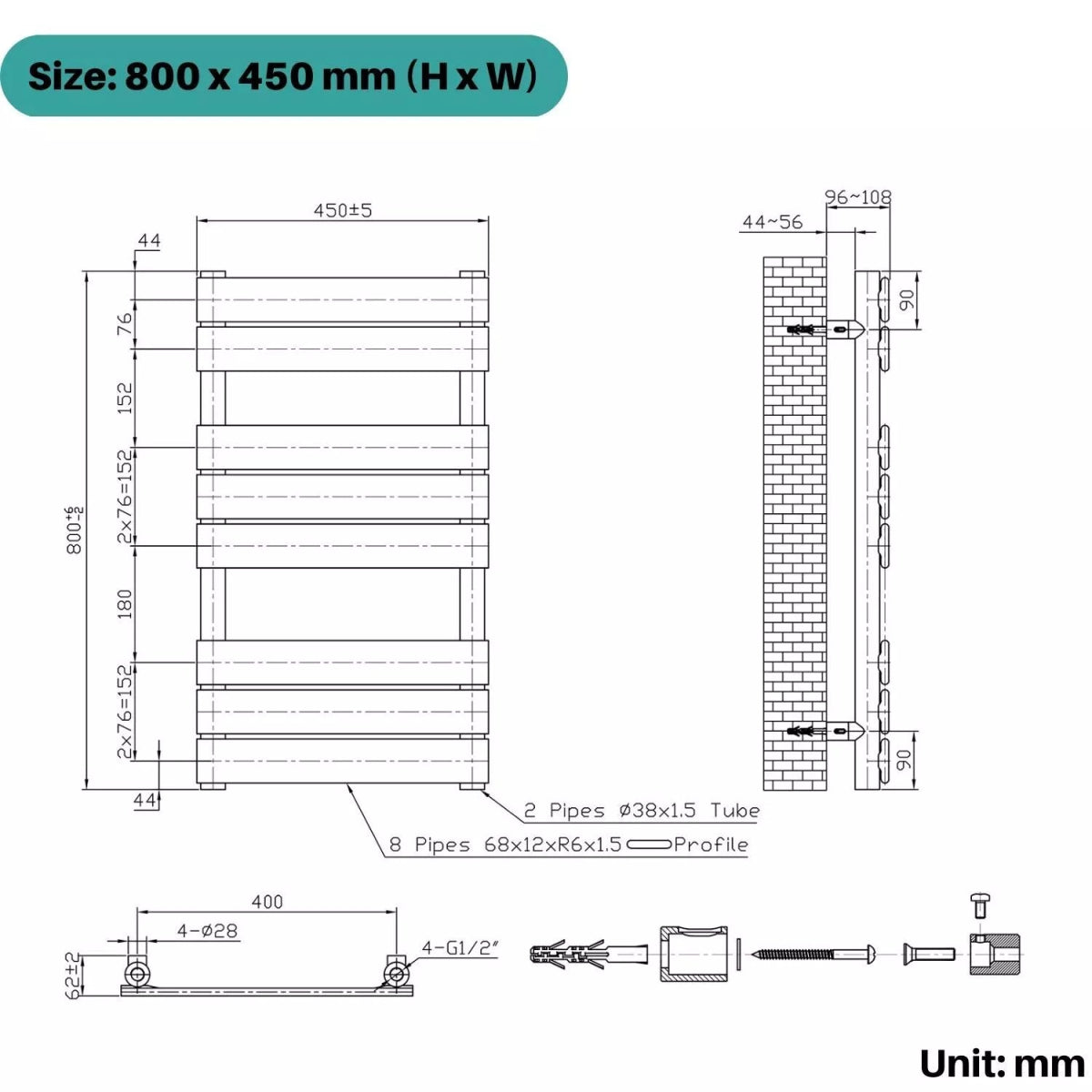 Arvani 800x450mm Anthracite Heated Towel Rail – Flat Panel, Vertical Mount, Powder Coated Finish - TILES Paradise