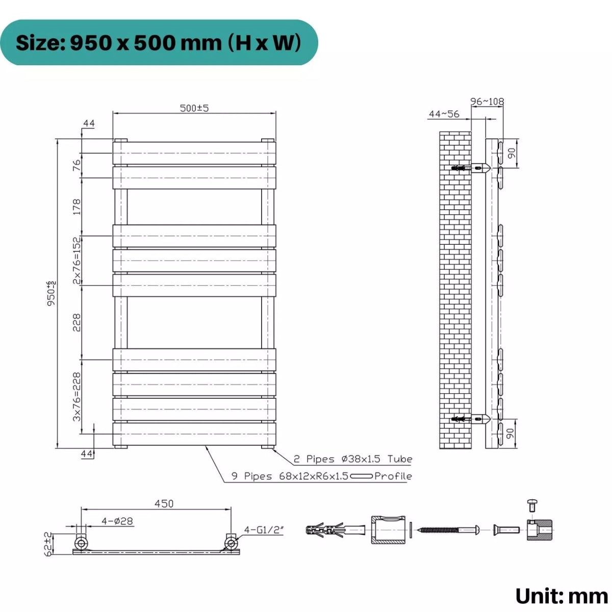 Arvani 950x500mm Anthracite Heated Towel Rail – Flat Panel, Vertical Mount, Durable Matt Finish - TILES Paradise