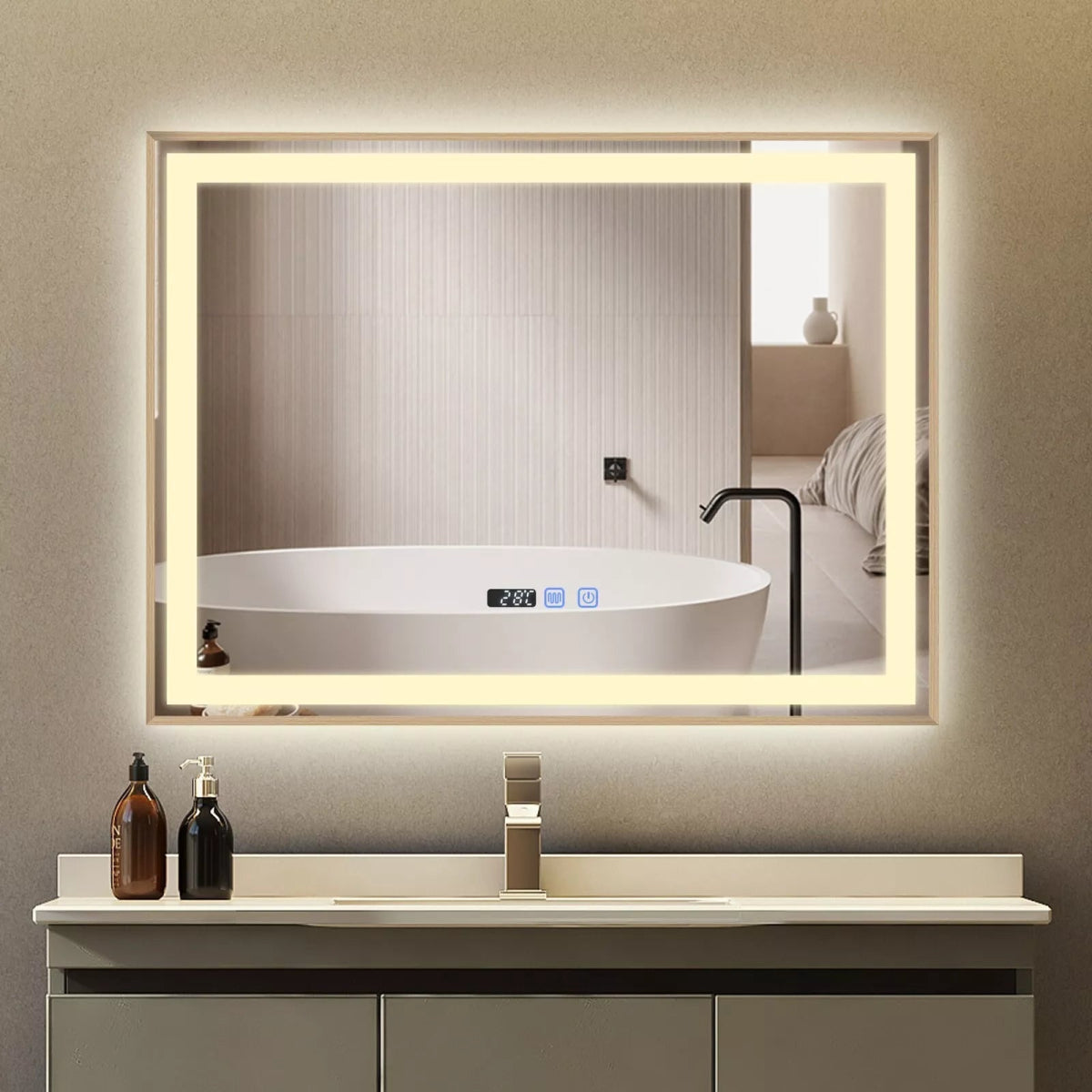 Auralux 800x600mm LED Mirror – Gold Frame, Tri - Colour Light, Demister, Dimmable, Time Display, Touch Sensor, IP44 Rated - TILES Paradise