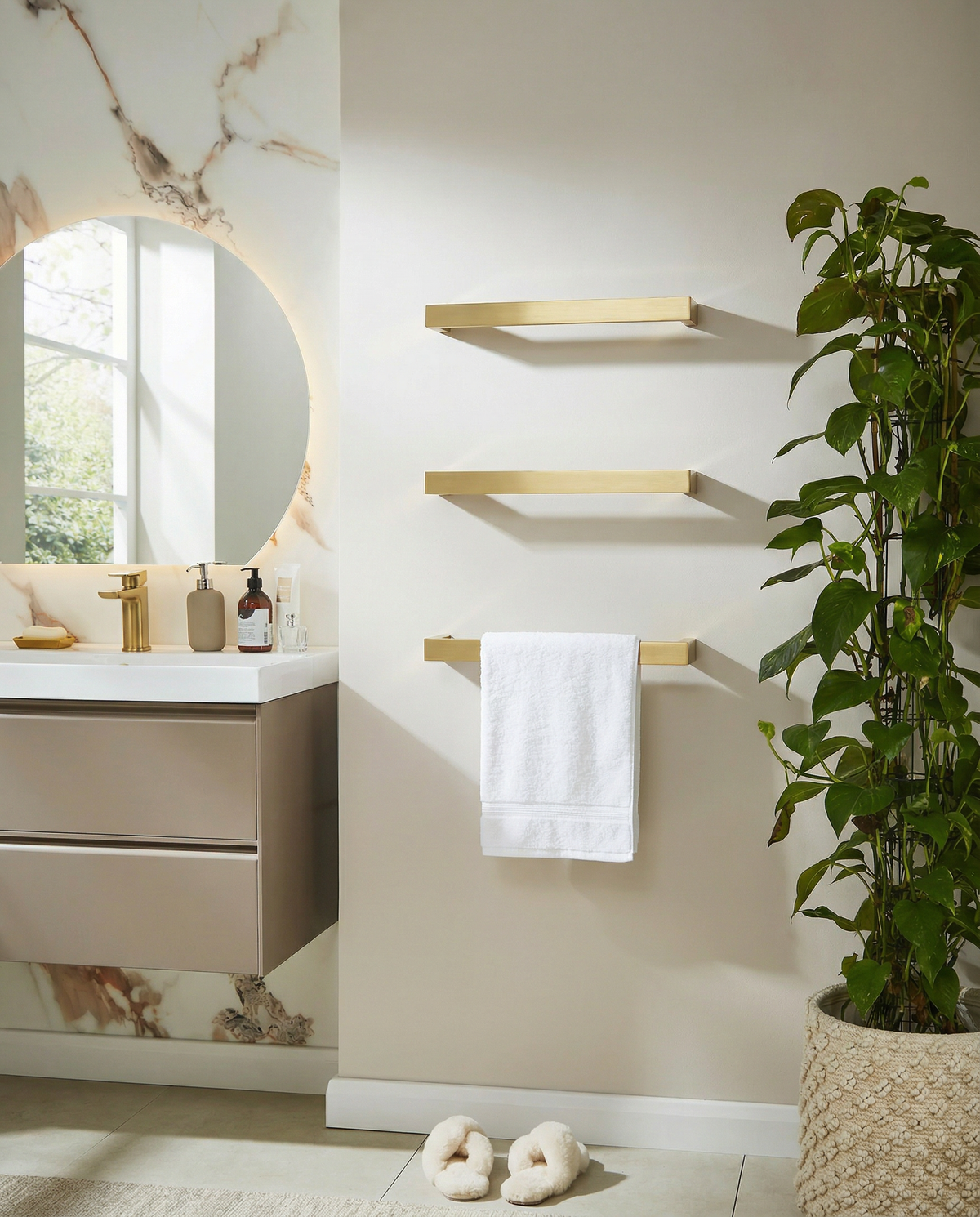 Barra Brushed Brass 12V Single Bar Electric Towel Rail – 450mm