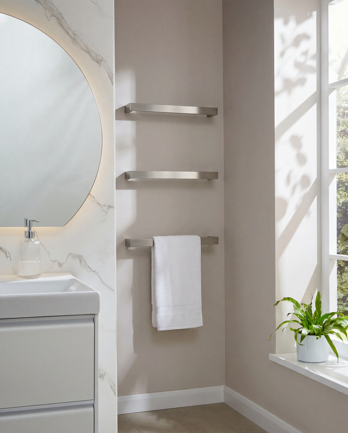 Barra Brushed Nickel 12V Single Bar Electric Towel Rail – 500mm